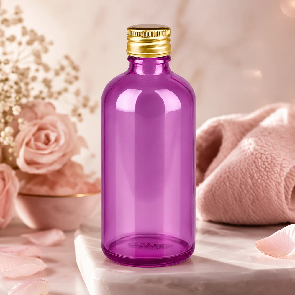 Flacon 100ml bouchon à visser 11mm alu-or standard PurpleLine. UT18/100 Verre violet premium 100ml avec surface mate idéal pour le bricolage cosmétique et les mélanges d'aromathérapie
