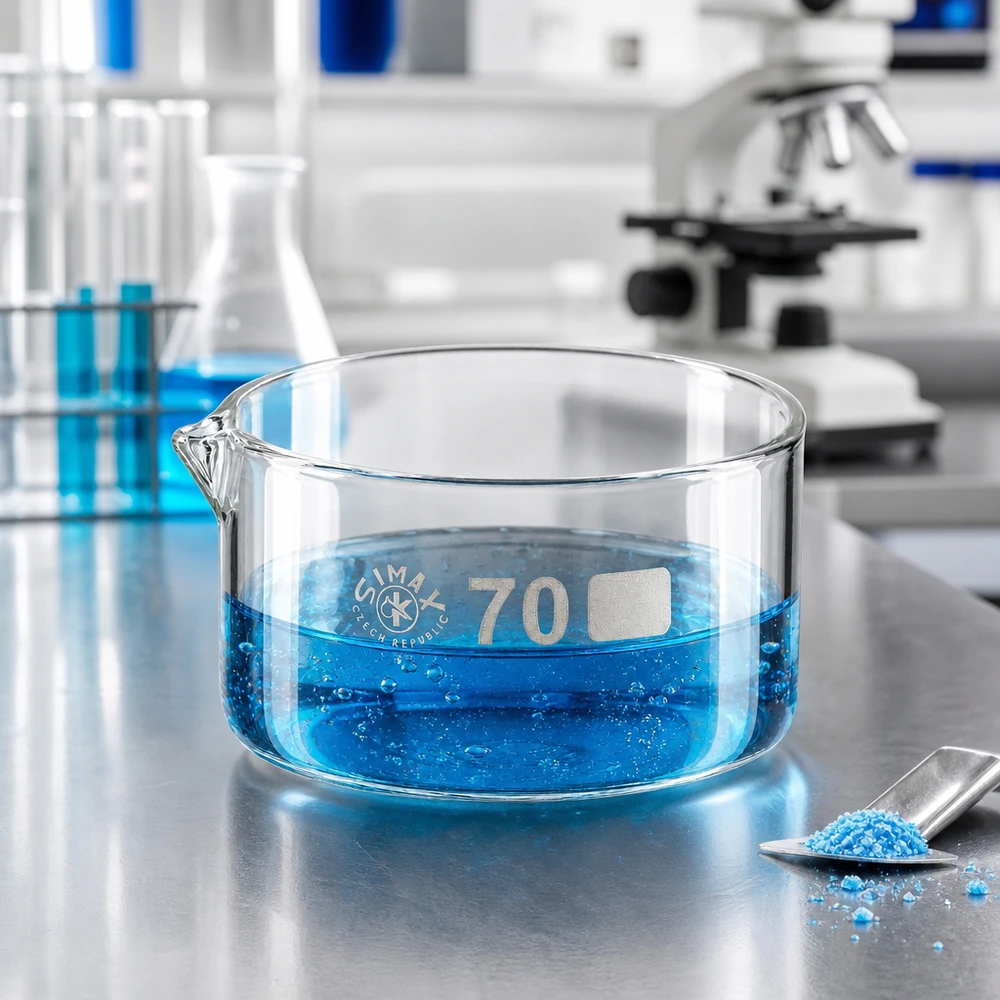 Coupelle de cristallisation 100 ml avec bec verseur Coupelle Simax de 70 mm de diamètre contenant une solution de sulfate de cuivre teintée en bleu et des cristaux, dans un laboratoire de chimie