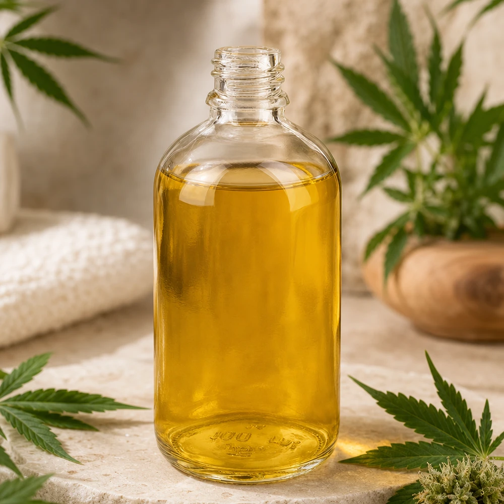 Flacon de pharmacie ClearLine de 100 ml rempli d'huile de CBD, entouré de feuilles de cannabis UNiTWIST DIN18