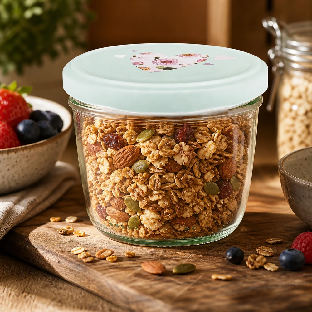 Verres de 230 ml + couvercle BasicSeal cur menthe UNiTWIST Granola et muesli en pot renversé de 230 ml avec couvercle BasicSeal cœur menthe, Conserver les céréales pour le petit déjeuner à l'abri de l'air