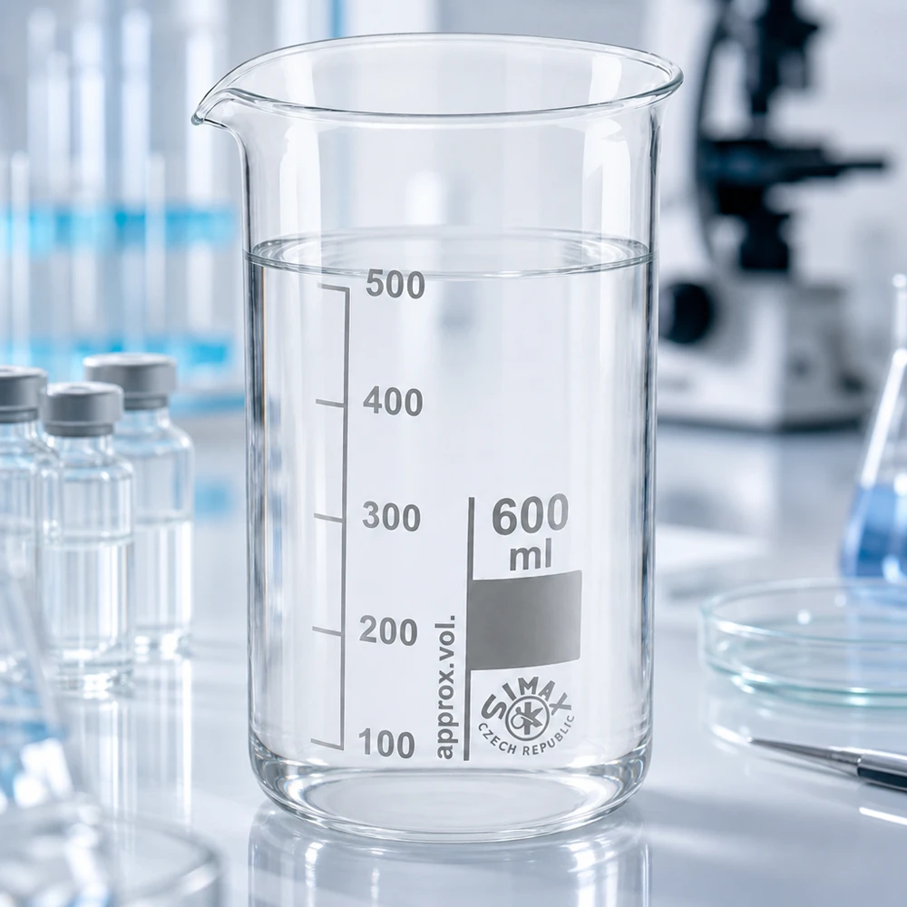 Bécher 600ml en verre borosilicate résistant à la chaleur (forme haute) Verre en forme de gobelet haut de 600 ml en verre borosilicaté, avec boîte de Pétri et tubes à essai, dans un environnement de laboratoire