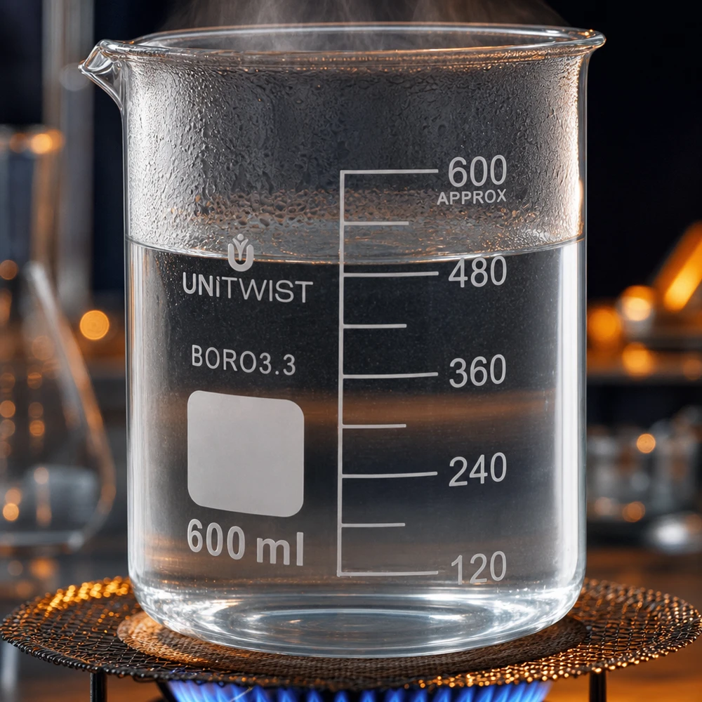 Bécher 600ml borosilicate, forme basse UNiTWIST Gobelet en verre borosilicaté 600 ml UNiTWIST présentant de la condensation à l'extérieur lorsqu'il est chauffé à la flamme de gaz