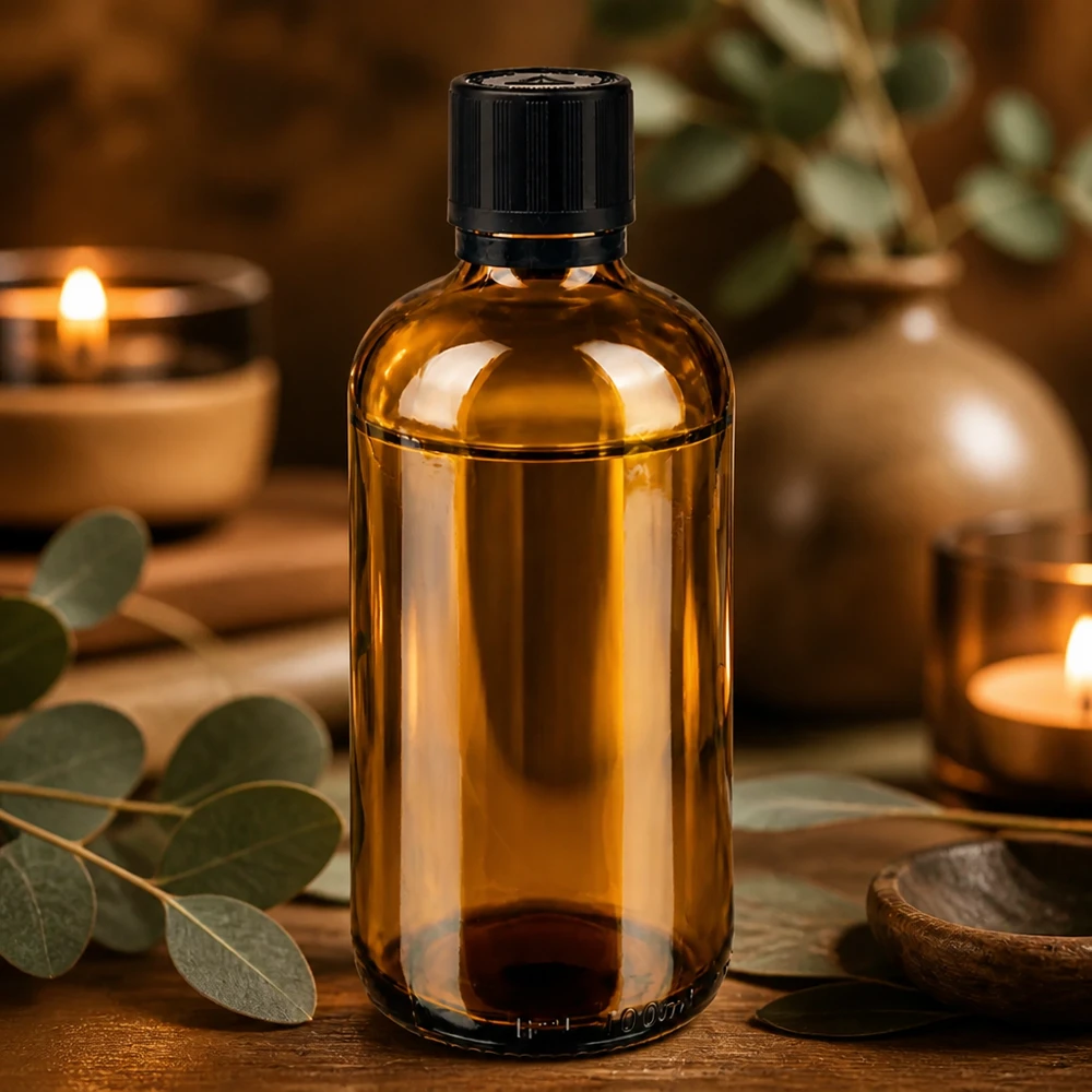 Flacon brun 100 ml avec bouchon compte-gouttes noir 1 mm, sécurité enfant Flacon en verre de 100 ml de couleur ambrée, muni d'un bouchon blister à sécurité enfants, destiné aux huiles essentielles