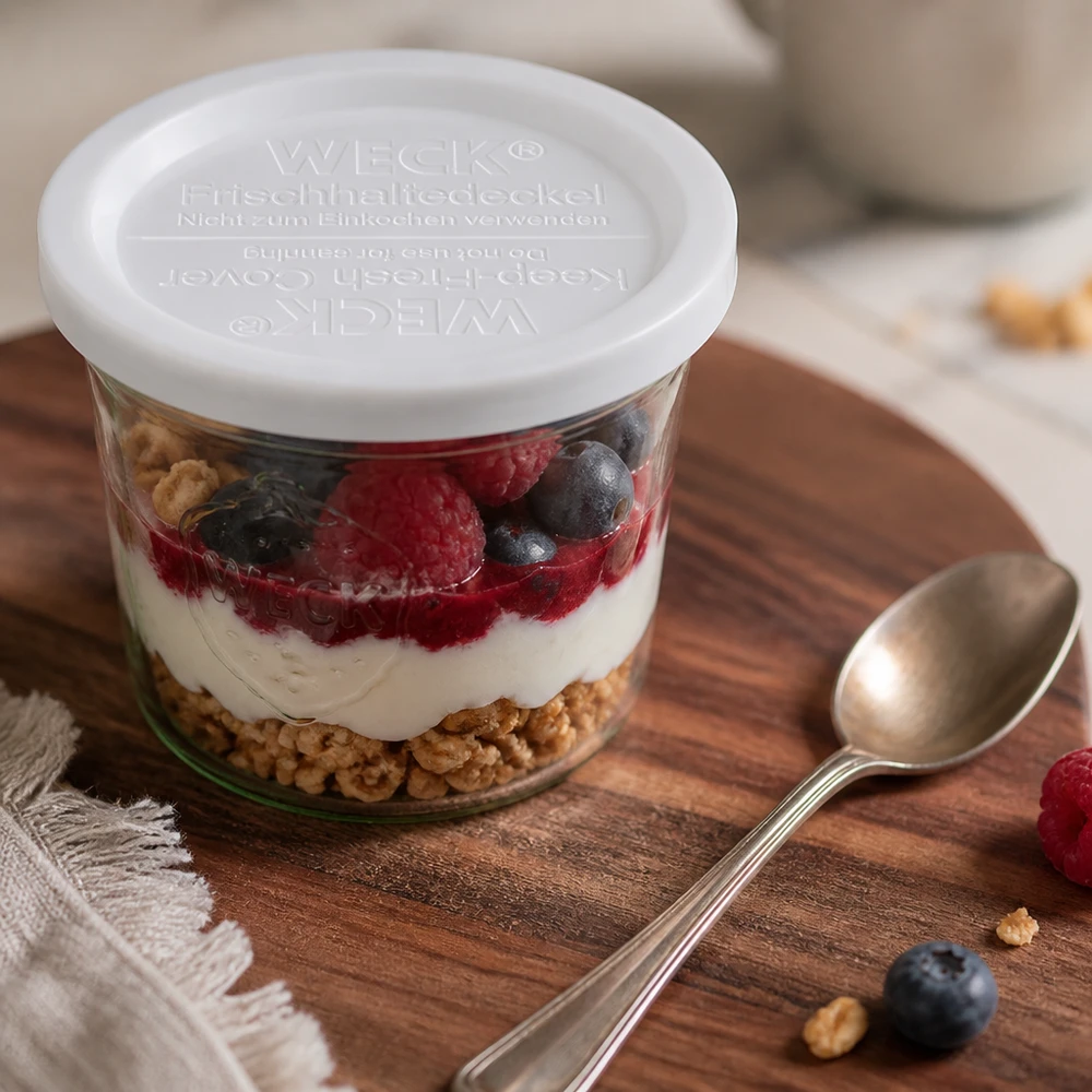 WECK Couvercle fraîcheur RR120 sur yaourt-baie-dessert en pot avec cuillère sur planche en bois Accessoires de cuisine
