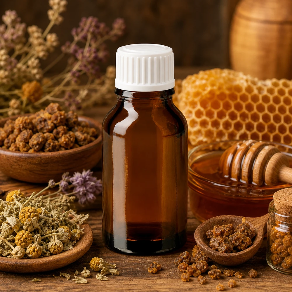 Flacon en verre ambré de 30 ml avec bouchon à vis blanc, destiné à la médecine naturelle : extrait de propolis et produits apicoles