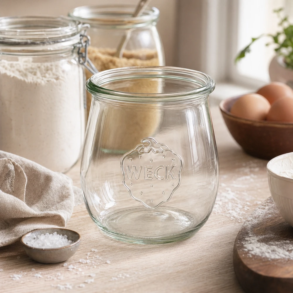 WECK Pot tulipe 220ml RR60 transparent vide dans une scène de cuisine avec de la farine, des œufs et des ingrédients de cuisson sur une table en bois