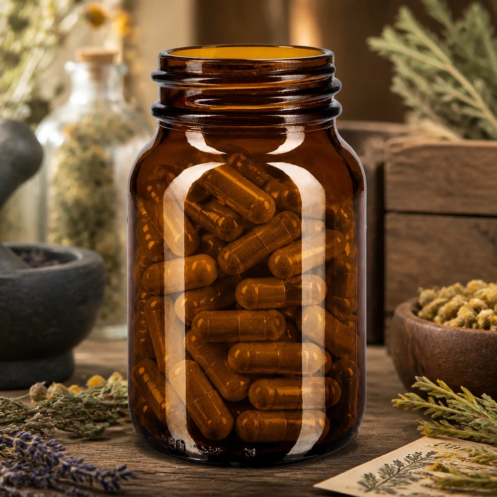 Bouteille en verre brun de 250 ml à col large, idéale pour les gélules et les comprimés.