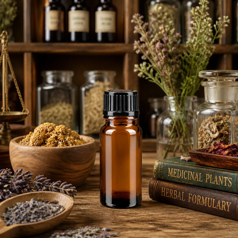 Flacon de pharmacie brun 10ml bouchon compte-gouttes 1mm noir standard Petit flacon de pharmacie de 10 ml « ApoGlas », entouré de livres sur la lavande, les herbes aromatiques et les plantes médicinales