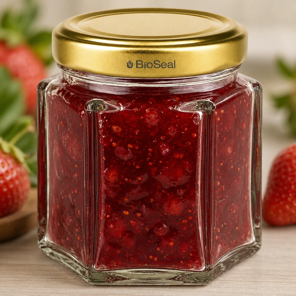 BioSeal pot de miel hexagonal de 60g rempli de confiture de fraise avec bouchon à vis doré style cuisine