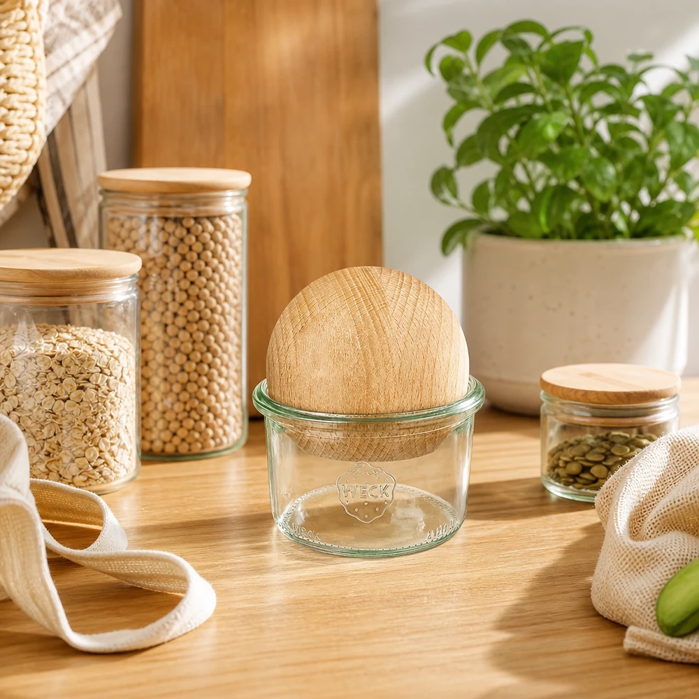 200ml bocal conique WECK RR80 avec boule en bois en hêtre WECK Verre renversé 200ml RR80 avec boule en bois de hêtre dans la cuisine Zero-Waste, entouré de bocaux à provisions durables et de sacs en tissu