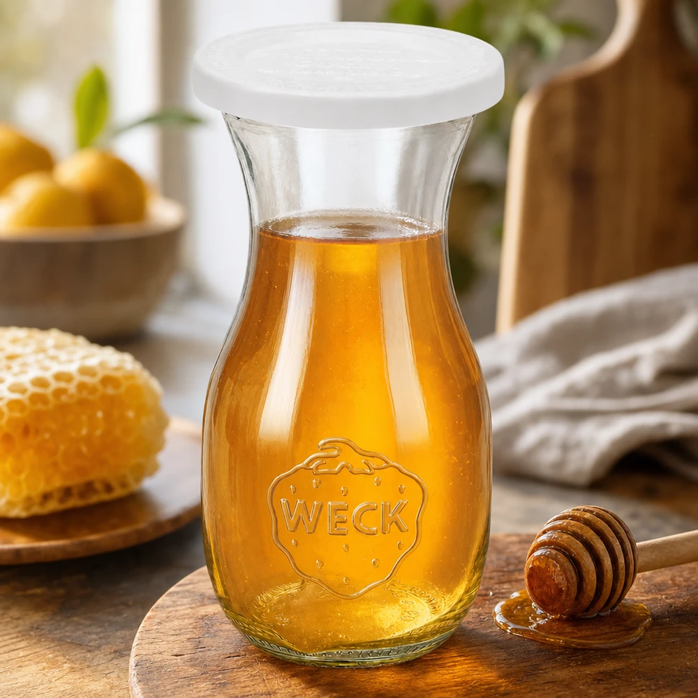 WECK Bouteille de jus de 290 ml avec couvercle fraîcheur RR60 remplie de miel doré à côté de la cuillère à miel et du nid d'abeille