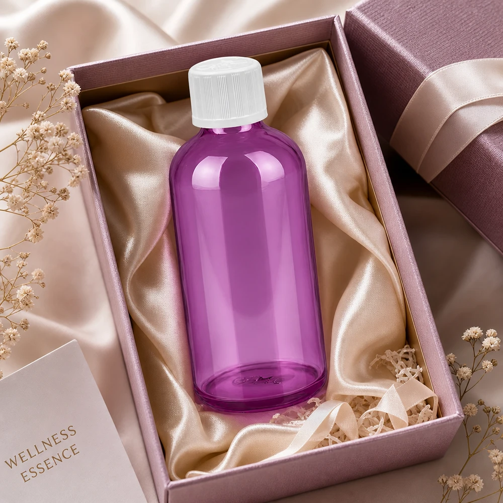 Flacon compte-gouttes 100ml 1,2mm blanc standard sécurité enfant PurpleLine. UT18/100 Bouteille en verre Premium Purple 100ml avec compte-gouttes 1.2mm idéale pour le bien-être et l'aromathérapie