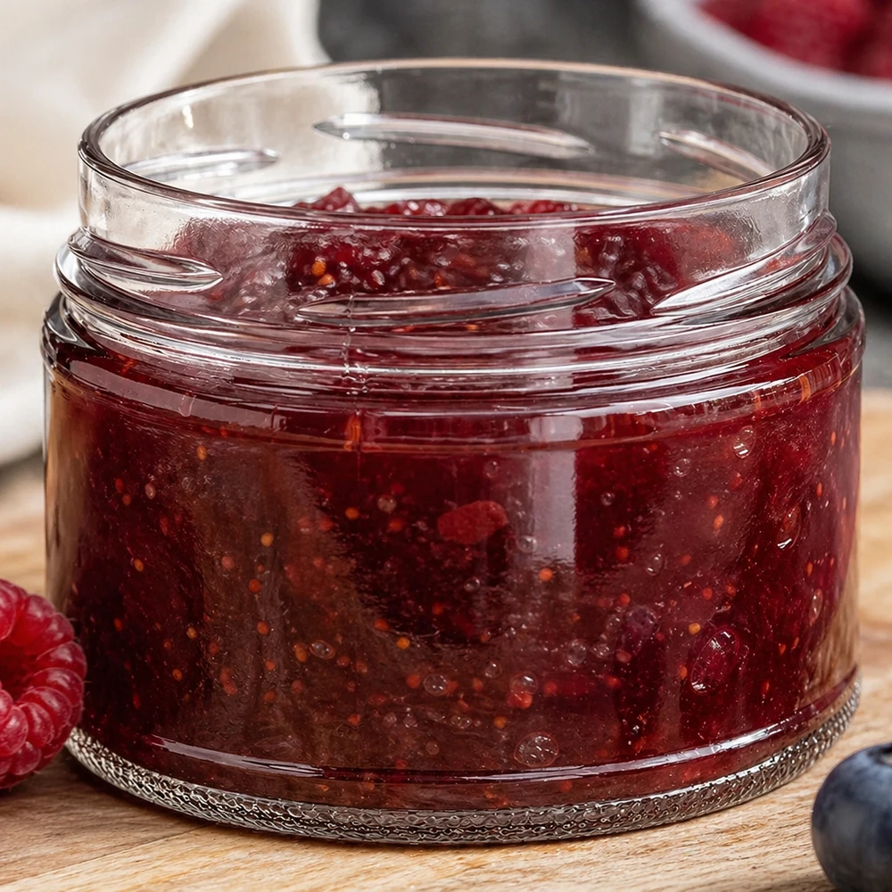 540ml Verre rond sans couvercle (TO100) UNiTWIST UNiTWIST Runda540 Pot renversé rempli de confiture rouge 540ml TO100 Mise en pot Conservation Utilisation