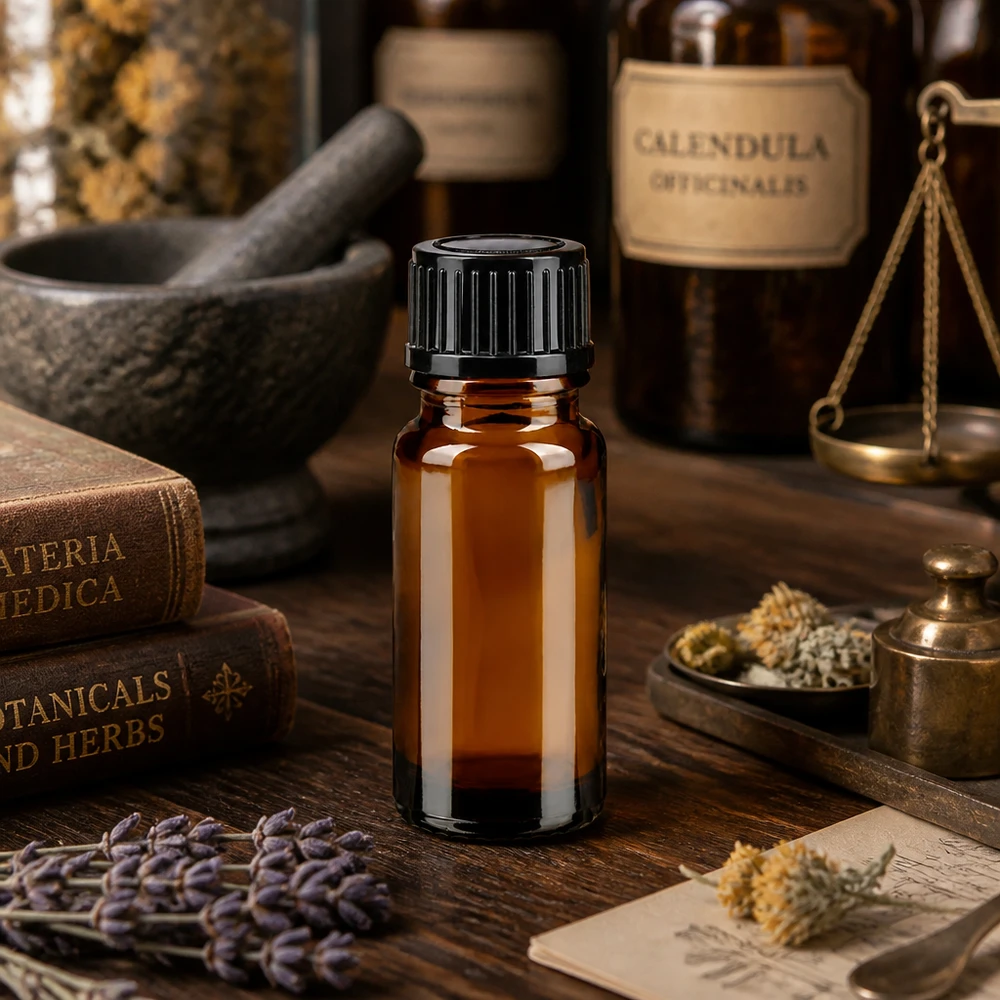 Flacon à pharmacie brun 10ml bouchon vissable noir std Petite fiole en verre ambré de 10 ml, posée parmi des herbes séchées, de la lavande et de vieux livres d'apothicaire