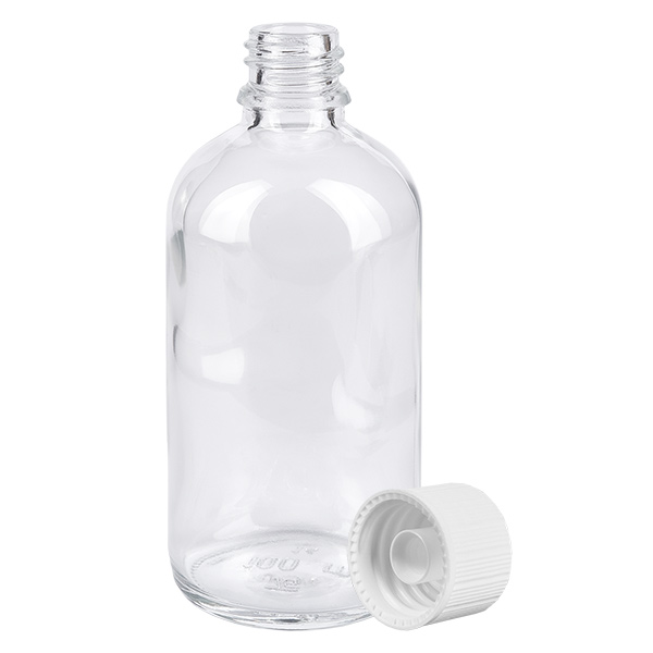 Flacon 100ml 11mm SV blanc STD ClearLine UT18/100 Flacon de pharmacie ouvert de 100 ml en verre transparent avec bouchon de sécurité blanc de 11 mm