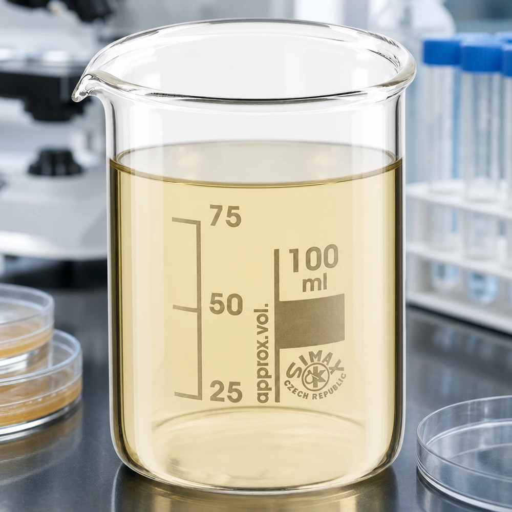 Bécher 100ml en verre borosilicate résistant à la chaleur (forme basse) Bécher transparent 100ml en verre borosilicaté avec liquide jaune et graduation précise