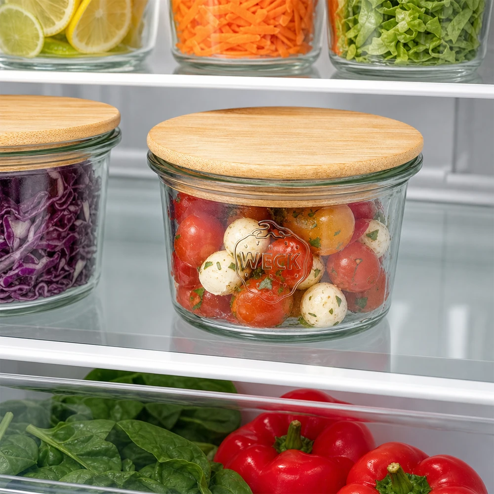 WECK Mini Sturzglas 35ml mit Bambus Holzdeckel zur Aufbewahrung von Tomaten und Mozzarella im Kühlschrank organisiert