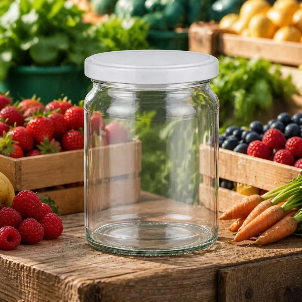 205ml Verre rond avec couvercle BasicSeal blanc UNiTWIST Pot rond 205ml UNiTWIST sur table en bois avec fruits et légumes frais - idéal pour confitures et conserves