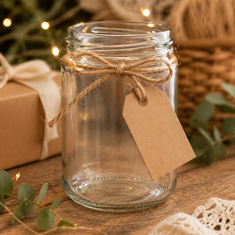 Verre rond vide UNiTWIST 390ml TO70 décoré avec une ficelle de jute et un pendentif en papier kraft sur une table en bois