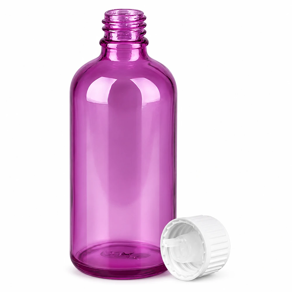 Flacon compte-gouttes 100ml 0.9mm blanc standard PurpleLine UT18/100 Bouteille de 100 ml de haute qualité en verre violet transparent avec bouchon blanc à l'épreuve des enfants