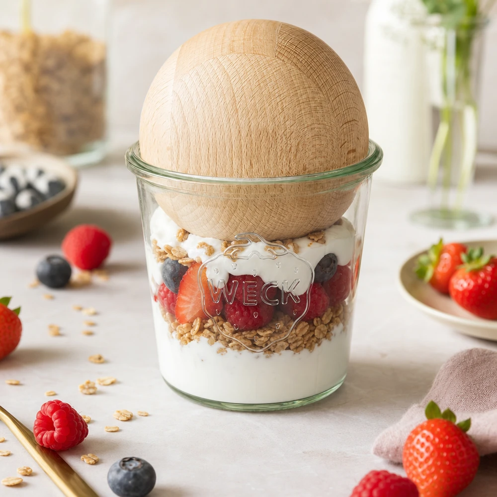 580ml bocal conique WECK RR100 avec boule en bois en hêtre WECK Verre renversé RR100 580ml avec boule en bois de hêtre comme bol à céréales avec yaourt baies et granola sur le comptoir de la cuisine