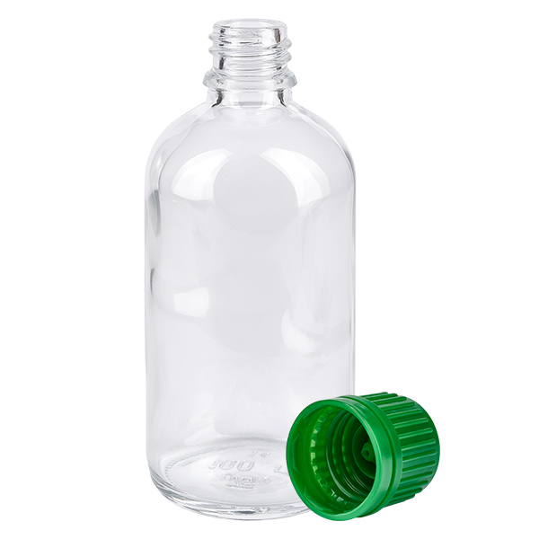 Flacon 100ml 11mm SV vert OV ClearLine UT18/100 Flacon ClearLine en verre transparent de 100 ml, vide, dont le bouchon à vis vert d'origine de 11 mm a été retiré
