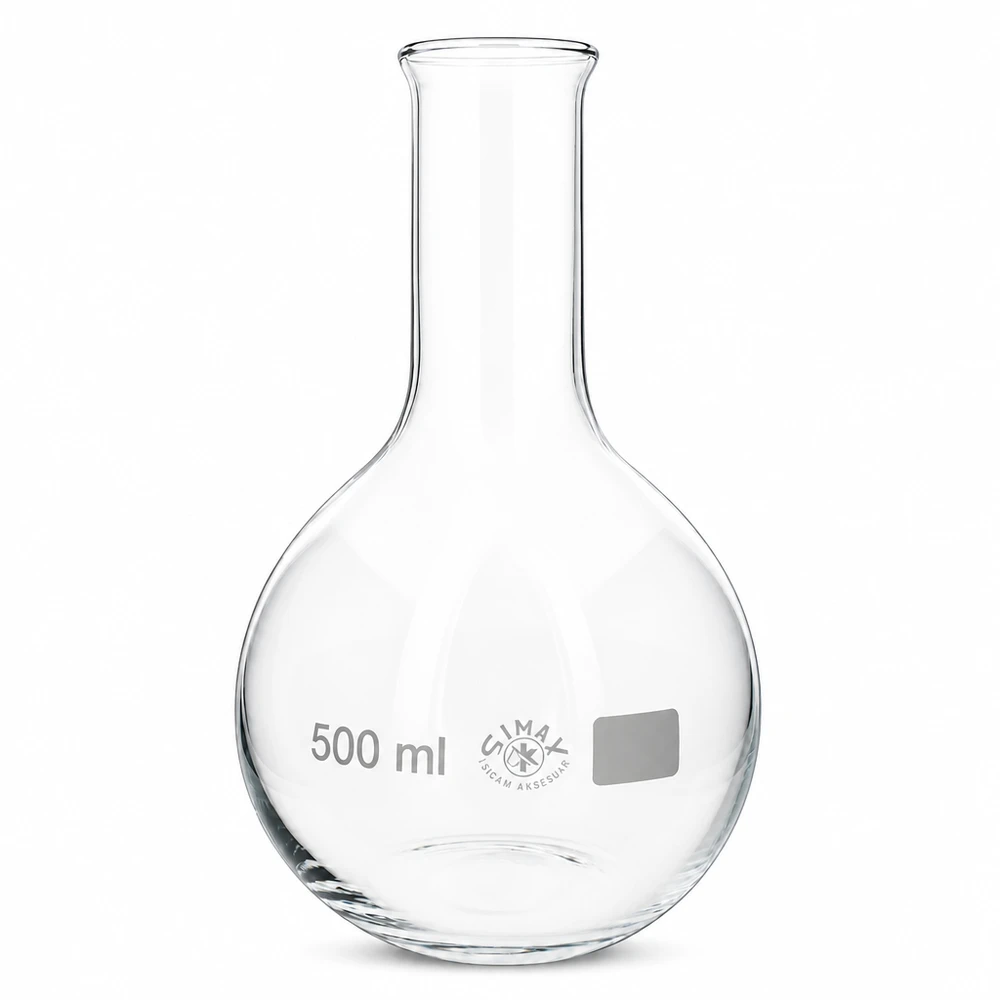 Ballon à fond plat 500 ml à col étroit, en verre borosilicate avec bord renforcé Ballon 500ml col étroit avec forme bulbeuse idéal pour les réactions et les mélanges