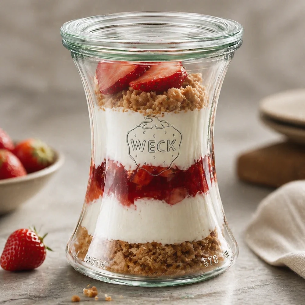 WECK Verre à délicatesse 370ml RR80 comme verre à dessert avec des fraises et des vermicelles montre une optique de couche élégante