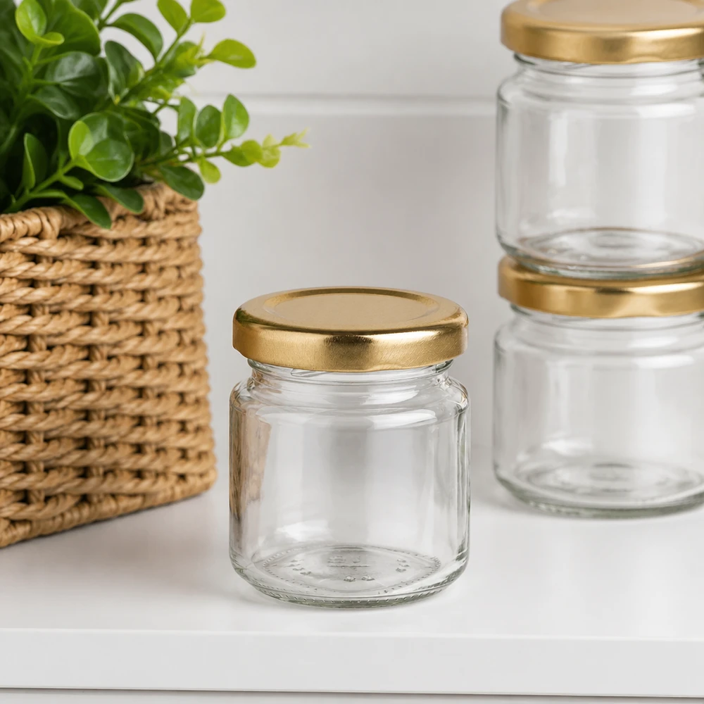 53ml verre rond UNiTWIST vide avec couvercle doré BasicSeal dans une ambiance moderne avec plante