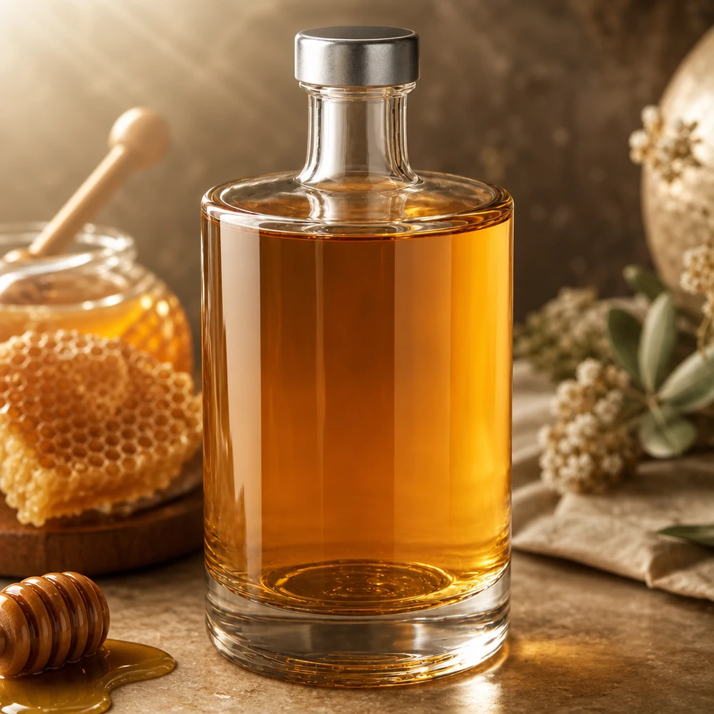 Bouteille en verre 500 ml « Sam » et bouchon à vis argenté UNiTWIST® Bouteille en verre Sam de 500 ml remplie de miel à côté du rayon de miel et de la cuillère à miel Décoration de cuisine rustique Exemple d'utilisation