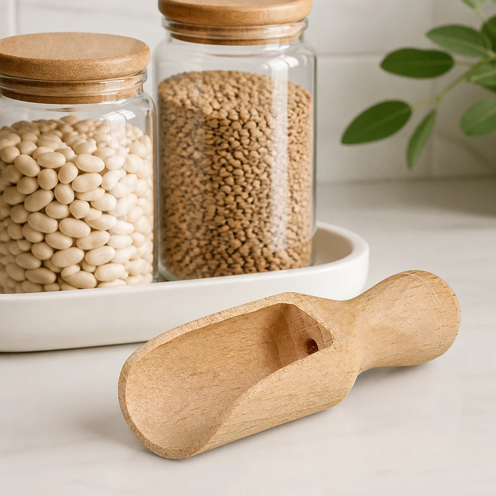 Pelle en bois taille XS forme semi-circulaire - 52mm de long Pelle en bois XS 5,2cm à côté de bocaux de stockage avec des haricots blancs et de la coriandre pour la cuisine zéro déchet et la conservation des épices