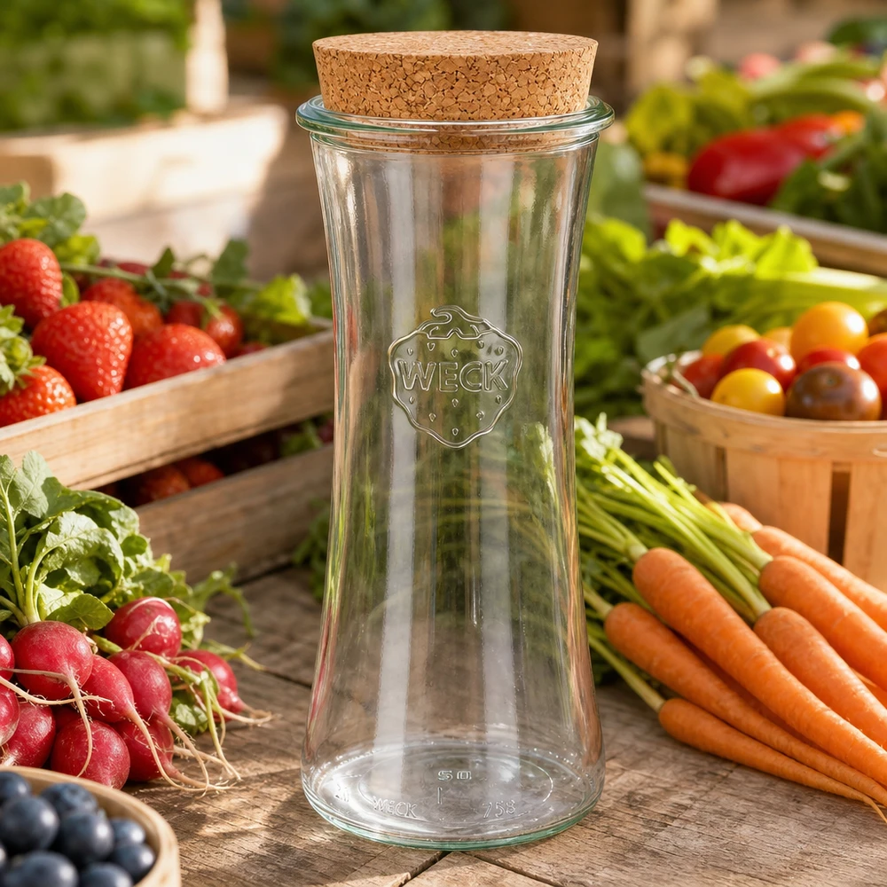 WECK RR80 Pot à provisions 700ml vide avec couvercle en liège entre légumes frais carottes radis tomates sur étal de marché