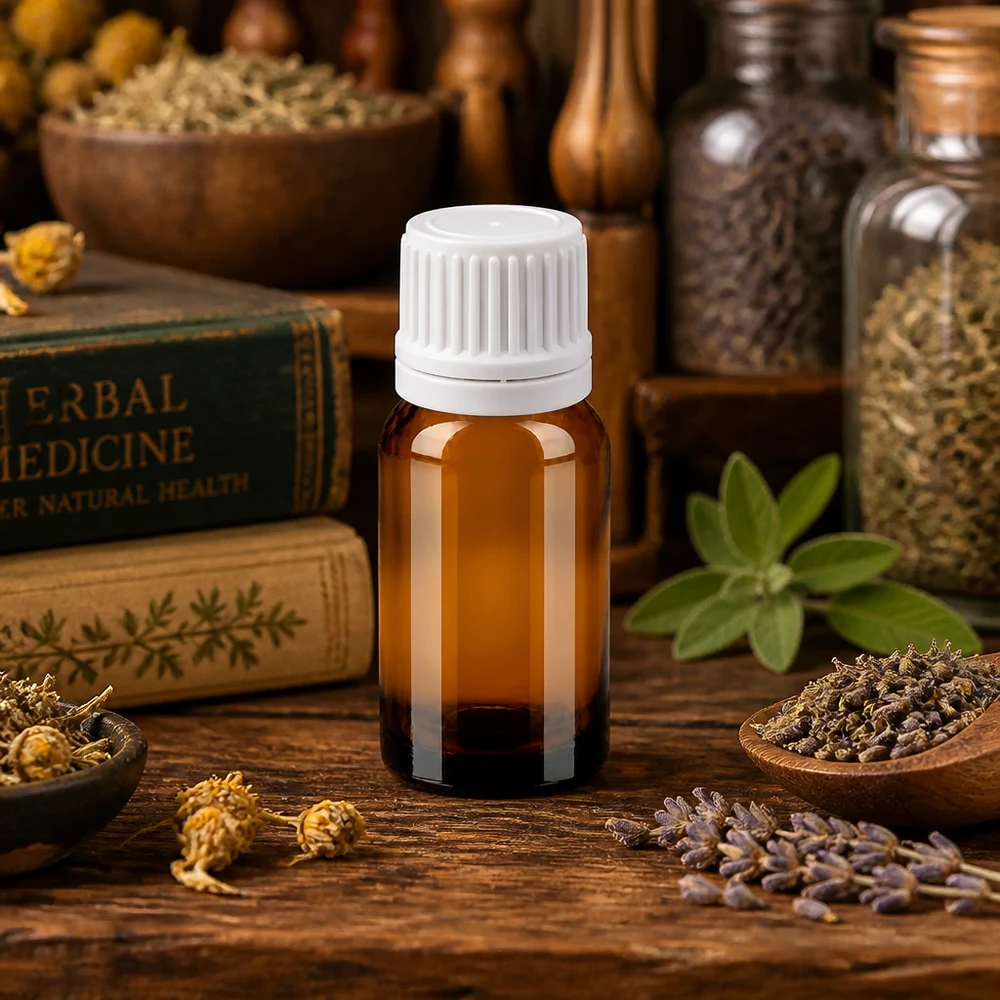 Flacon 10ml 11mm SV blanc OV BrownLine UT18/10 Petit flacon en verre brun de 10 ml avec bouchon à vis blanc, idéal pour les extraits d'herbes et les teintures.