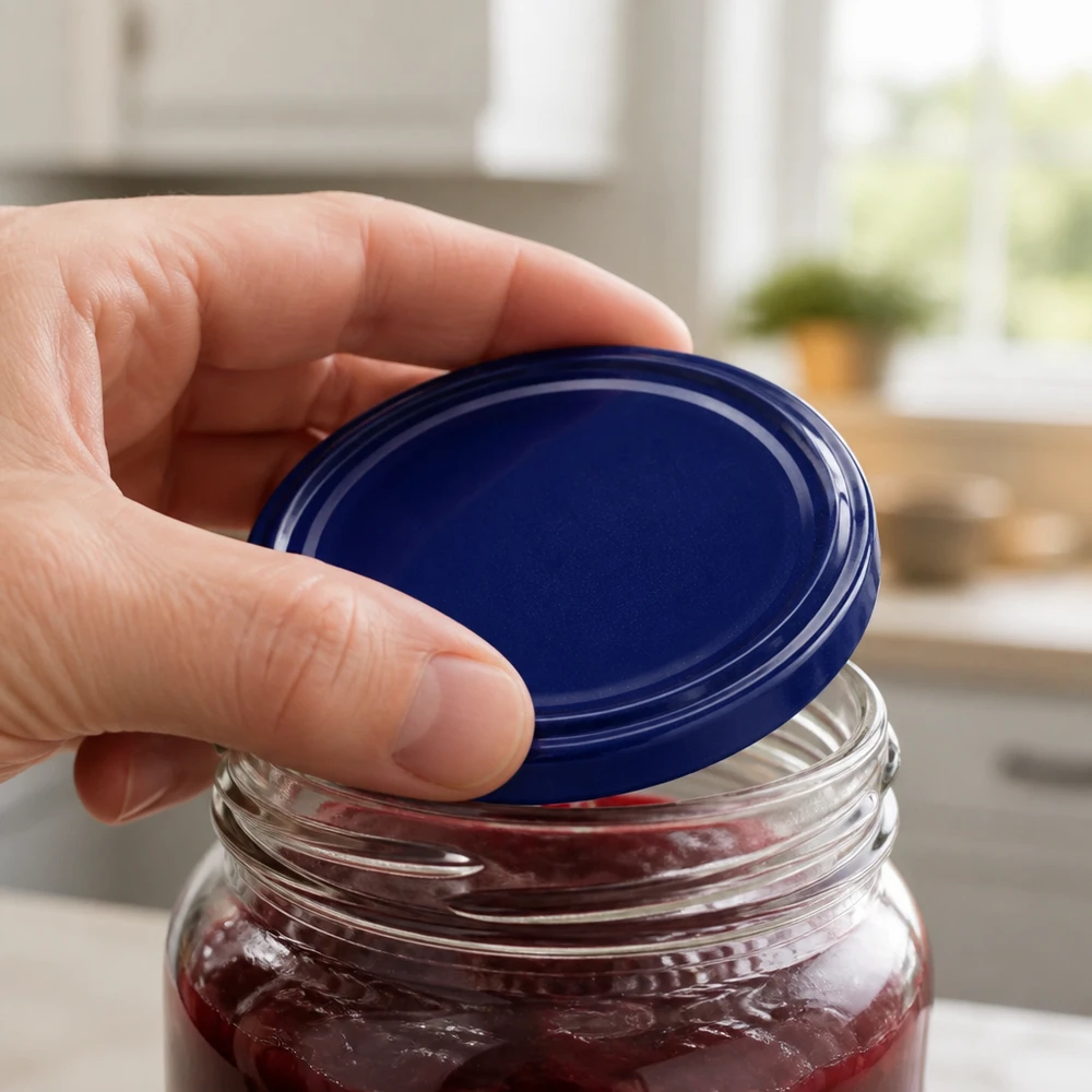 Le bocal contenant des cerises est fermé par un couvercle bleu TO82 à vis