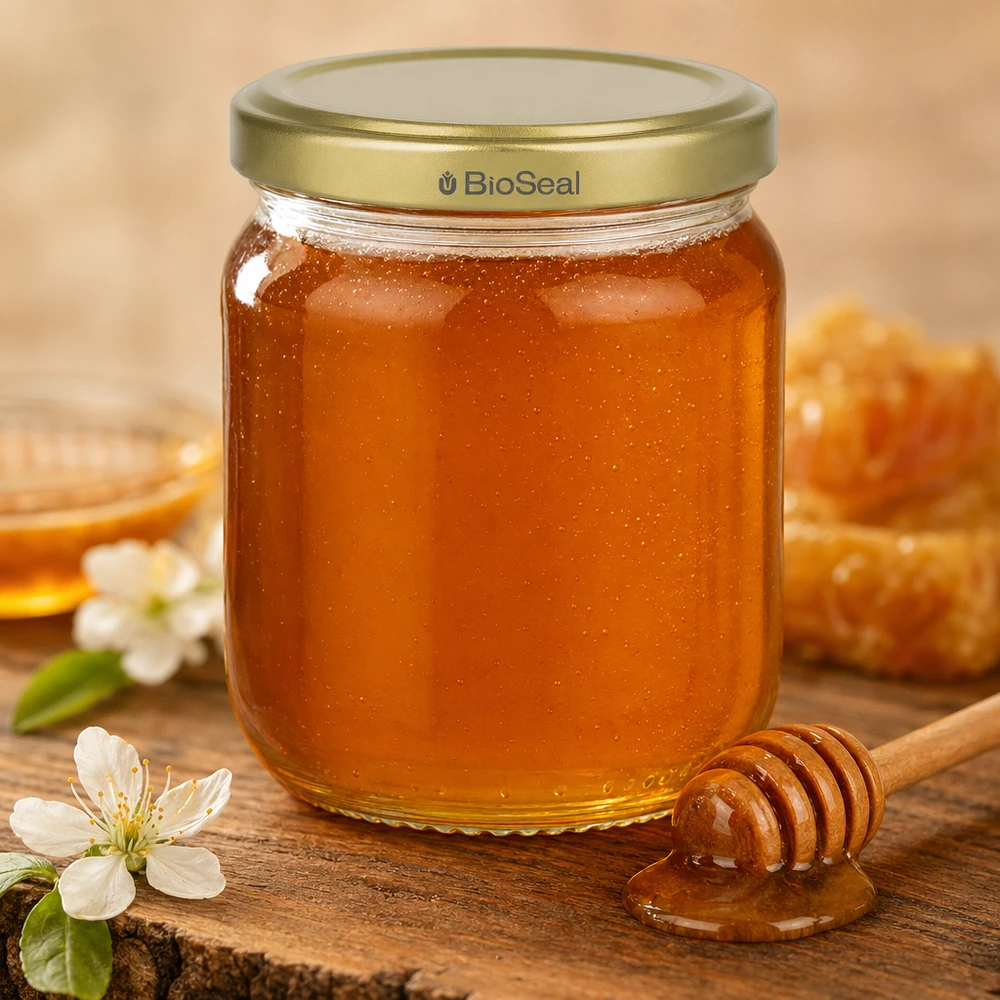 Pot de miel 500g avec couvercle BioSeal Gold et cuillère à miel sur bois rustique avec fleurs blanches en décoration
