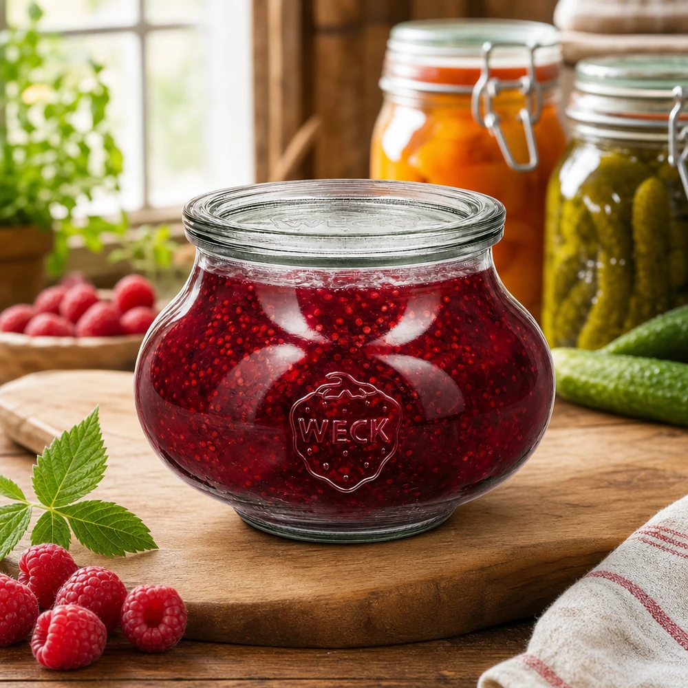 WECK Pot de conserve 1062ml rempli de confiture de framboises dans une cuisine rustique avec des baies et des légumes frais