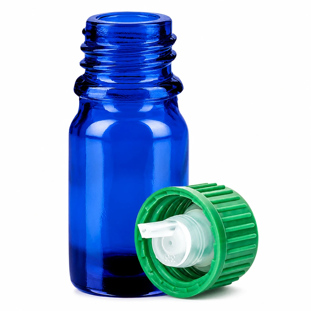 Flacon compte-goutte 5ml 0.8mm vert STD BlueLine UT18/5 Flacon compact de 5ml avec filetage UT18 et bouchon compte-gouttes vert pour l'homéopathie