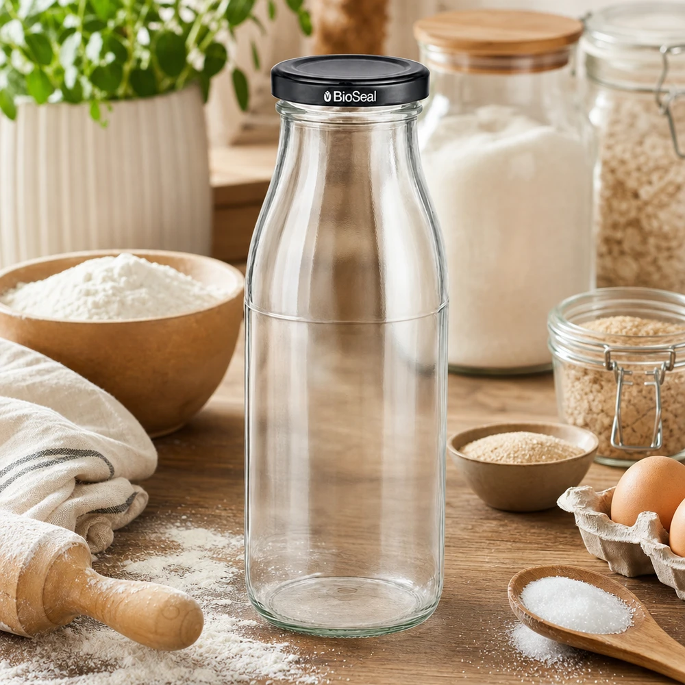 500ml Bouteille avec couvercle BioSeal noir UNiTWIST 500ml Glasflasche mit BioSeal Deckel in rustikaler Küche zwischen Backzutaten Mehl und Eiern für Kochbegeisterte