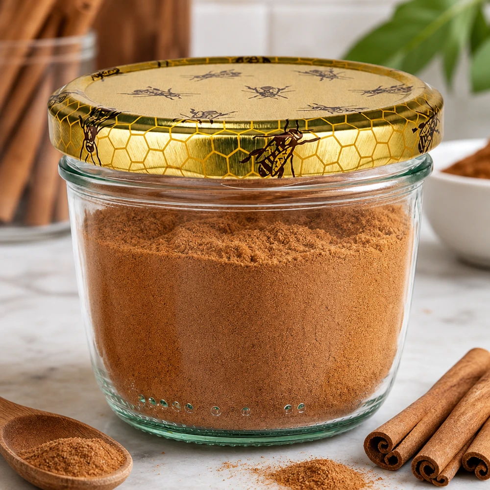 230ml Verre conique avec couvercle BasicSeal nid d'abeilles UNiTWIST Pot de 230 ml avec couvercle en nid d'abeille rempli de cannelle en poudre à côté de bâtons de cannelle pour conserver les épices.