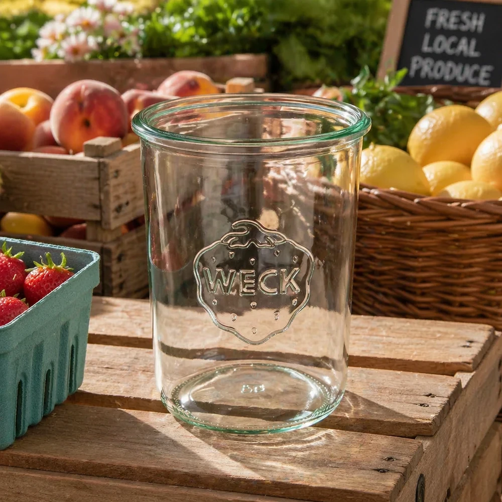 850ml bocal conique WECK RR100 850ml WECK Pot renversé RR100 en verre transparent avec logo sur caisse en bois entre des fruits et légumes frais