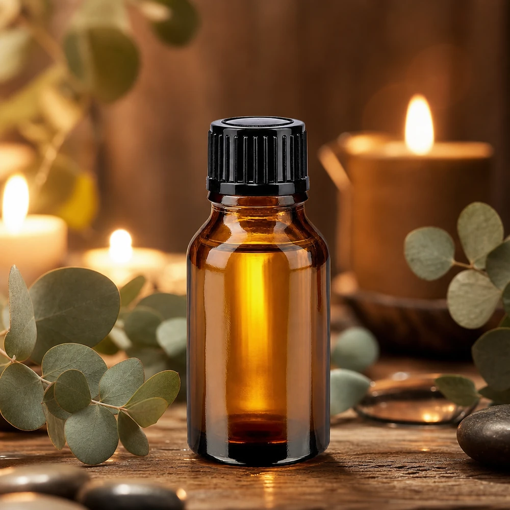 Flacon de pharmacie marron de 15 ml avec compte-gouttes, disposé devant des bougies et des branches d'eucalyptus