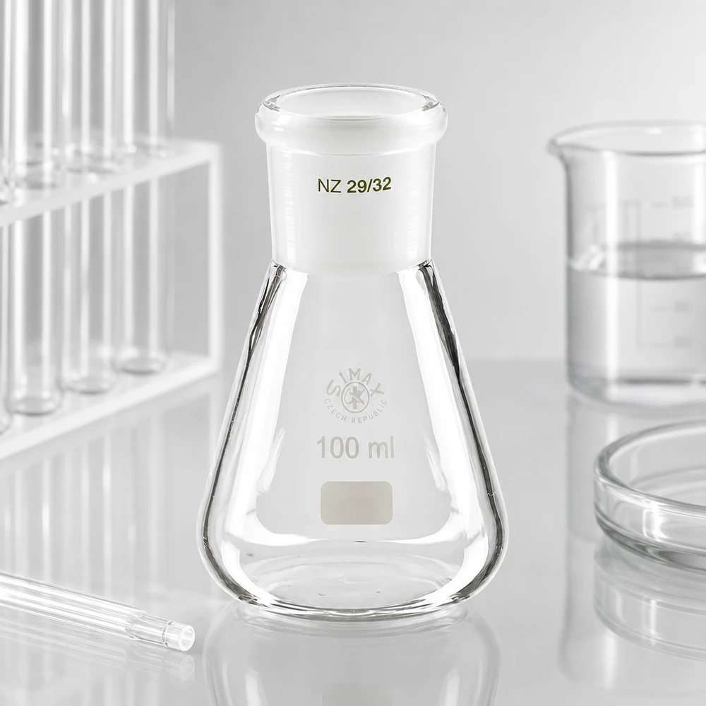 Erlenmeyer 100 ml col large, verre borosilicate avec rodage normalisé 29/32 Erlenmeyer 100 ml col large, verre borosilicate avec rodage normalisé 29/32