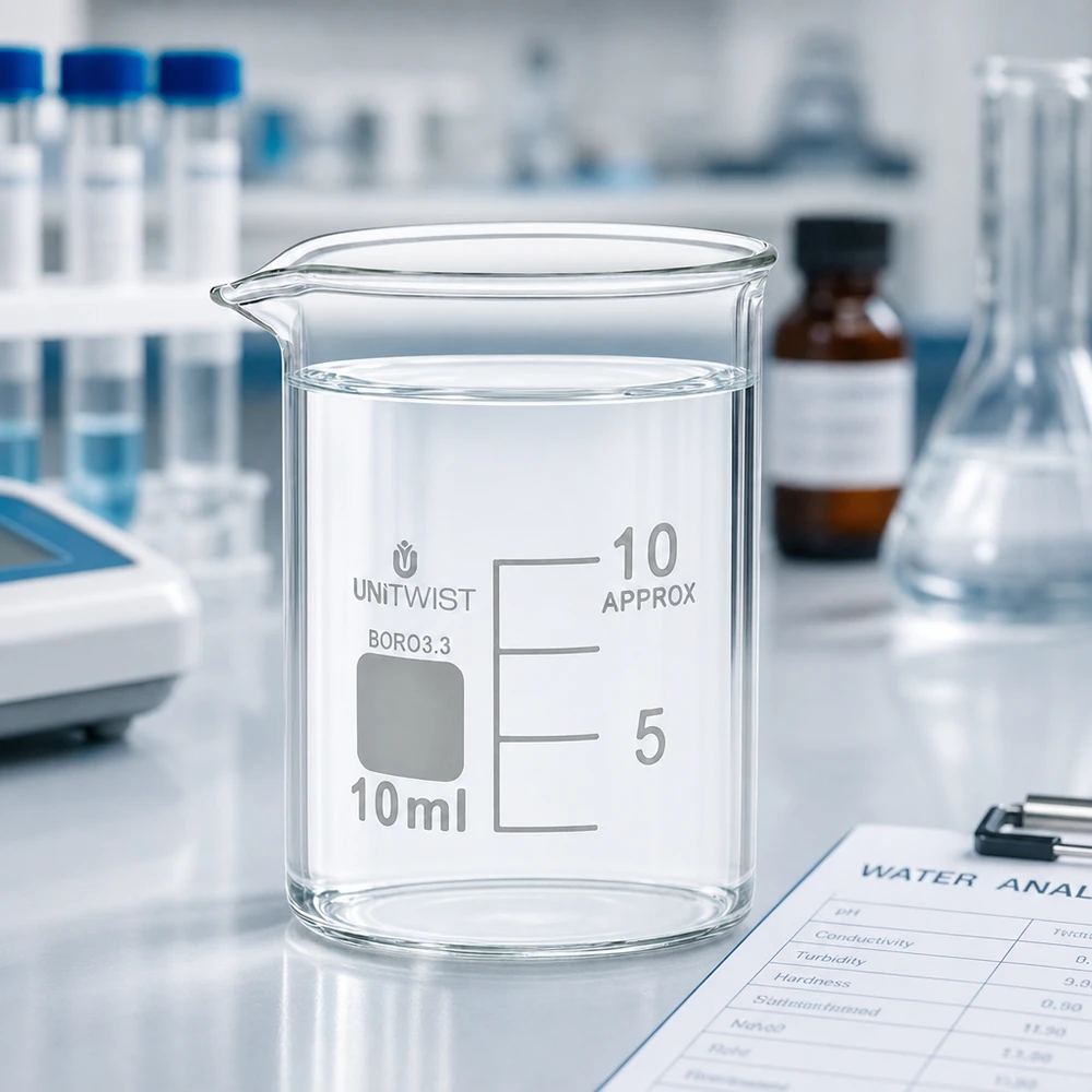 Bécher 10ml borosilicate, forme basse UNiTWIST UNiTWIST, bécher en verre borosilicaté 3.3 de 10 ml, de forme basse, avec l'inscription « BORO » sur la surface blanche de laboratoire