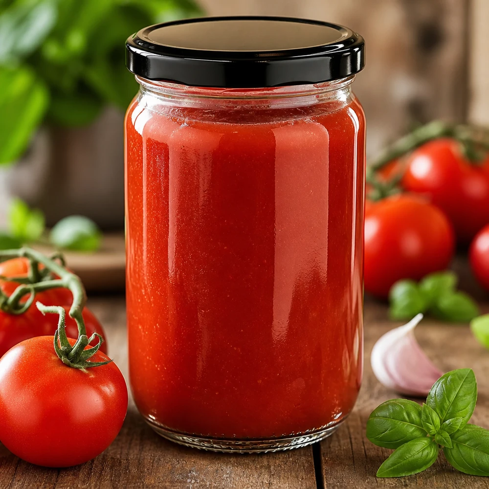 Bocal rond en verre de 555 ml UniTwist avec couvercle noir, garni de tomates fraîches, d'ail et de basilic
