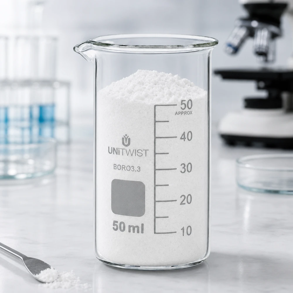 Verre à fond plat UNITWIST de 50 ml contenant une substance blanche et une spatule, posé sur une paillasse de laboratoire