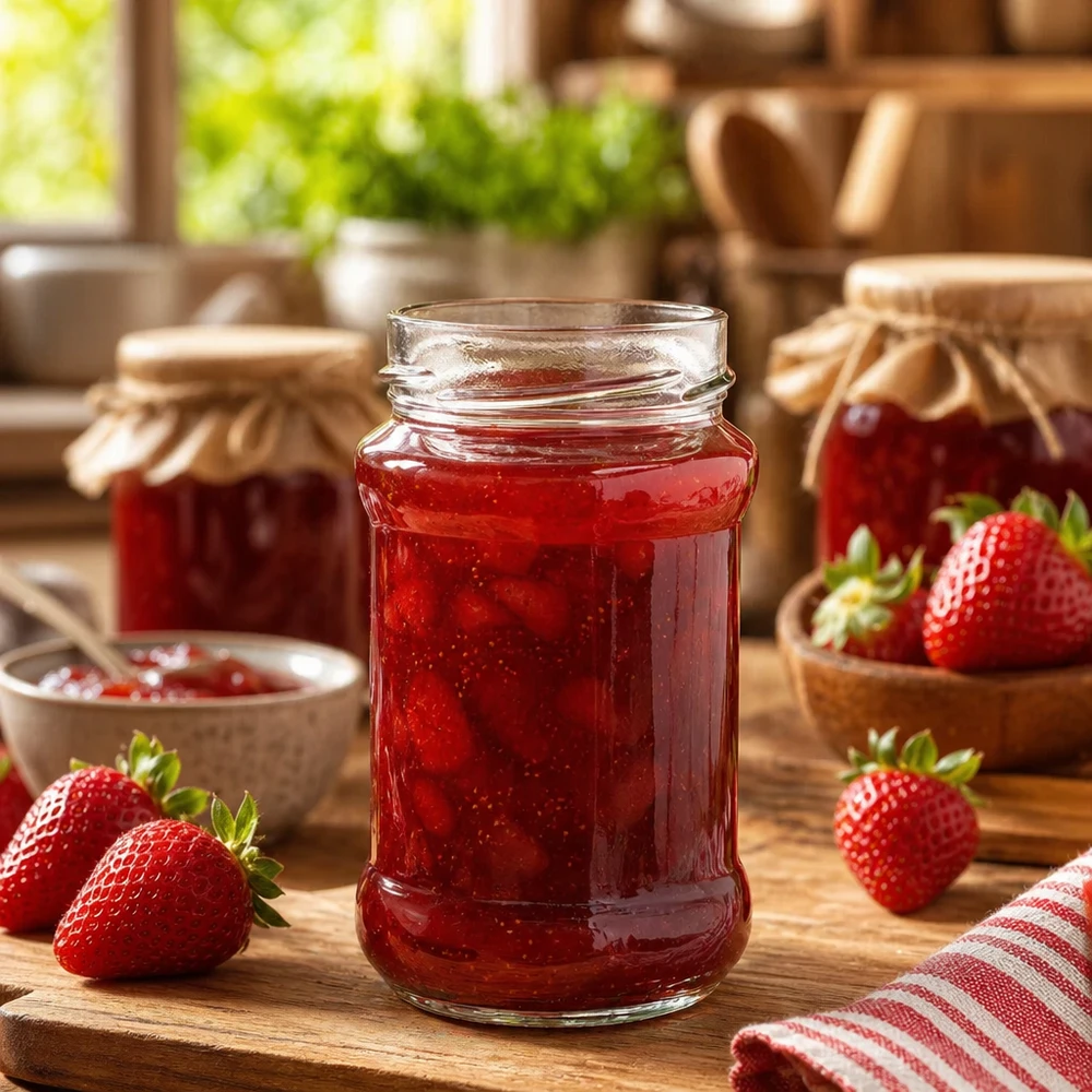 Pot rond de 390ml rempli de confiture de fraises sur table en bois avec fraises fraîches et autres pots de confiture à l'arrière