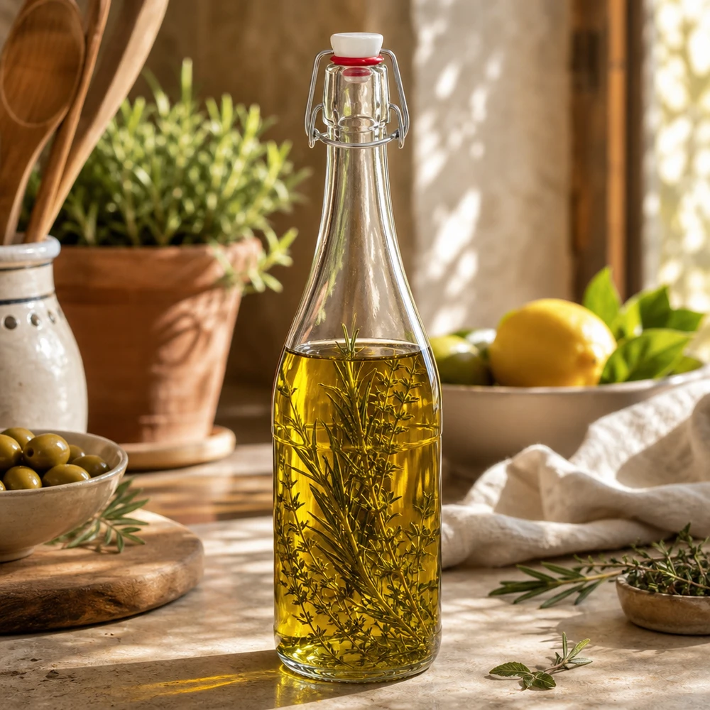 Bouteille en verre de 750 ml + bouchon mécanique en PVC UNiTWIST Bouteille en verre de 750 ml avec bouchon à étrier remplie d'huile aux herbes Exemple d'utilisation cuisine méditerranéenne décorative