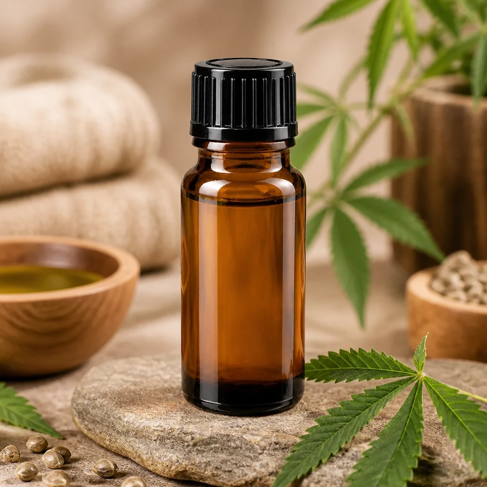 Petit flacon de pharmacie de 10 ml en verre ambré STD noir posé sur une pierre naturelle ornée de feuilles de chanvre vertes