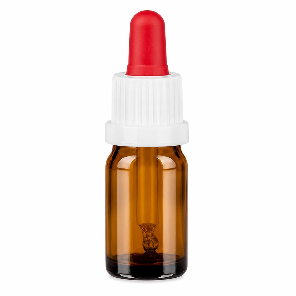 Flacon à pipette 5ml blanc/rouge OV BrownLine UT18/5 Flacon pipette 5ml en verre brun avec bouchon blanc et pipette rouge pour un dosage précis