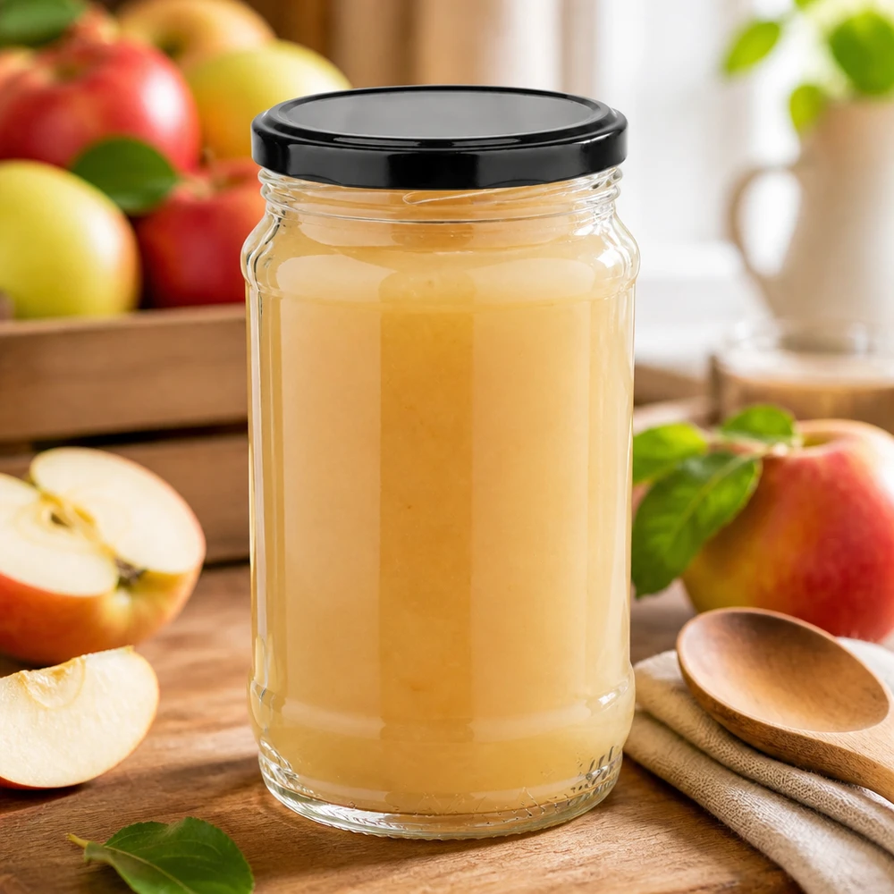 Bocal rond en verre de 370 ml + BasicSeal noir UNiTWIST Bocal UNiTWIST de 370 ml avec couvercle BasicSeal pour de la compote de pommes maison à base de pommes fraîches